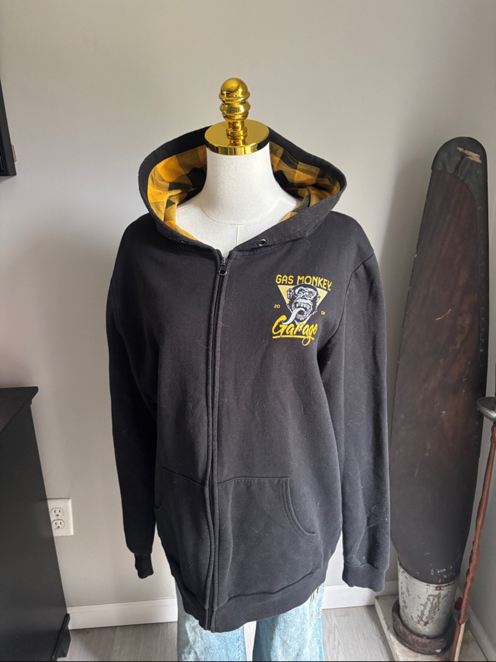 Gas Monkey Garage Men's Black Zip Hoodie with Yellow Plaid Hood Lining